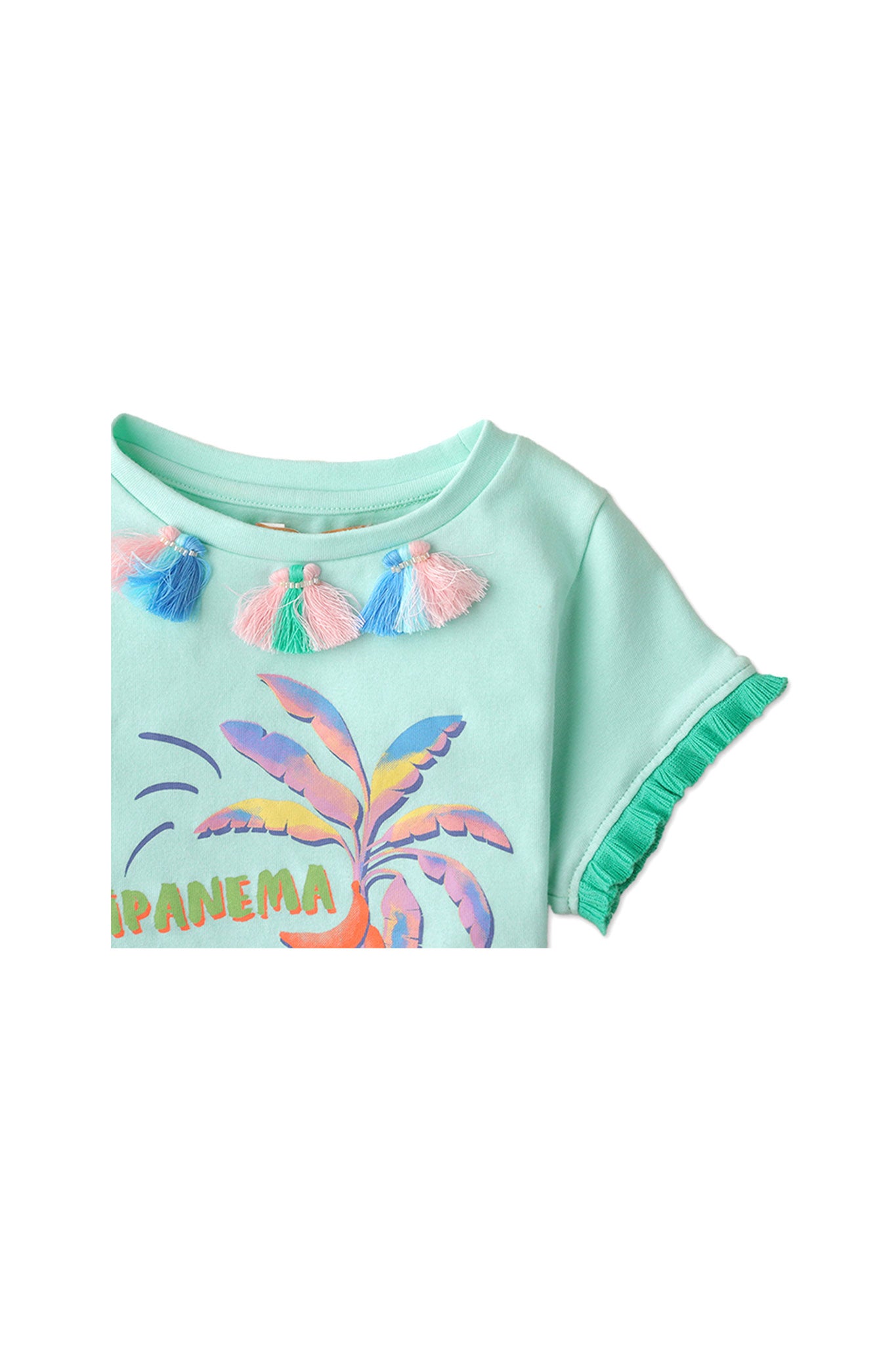 Gingersnaps Ipanema Print Tee W/ Neck Embellisment and Trim On Sleeves