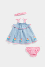 Load image into Gallery viewer, Mothercare Denim Dress, Knickers and Headband Set
