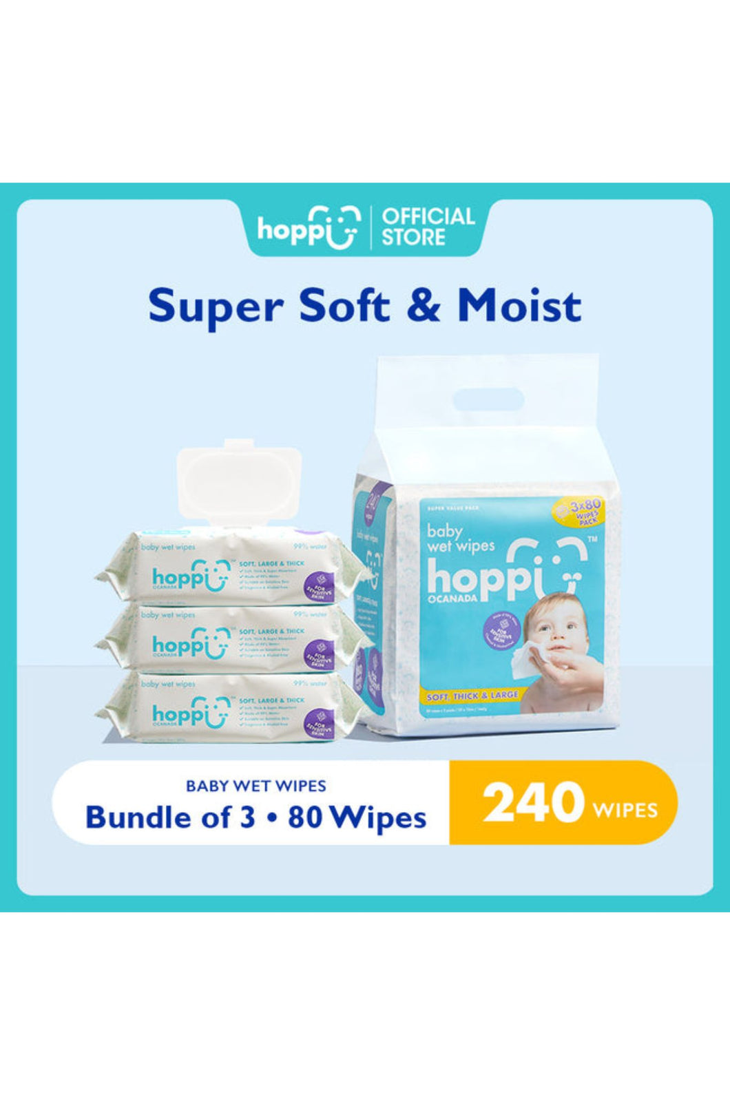 Hoppi Baby Wipes - 80 Pack X 3